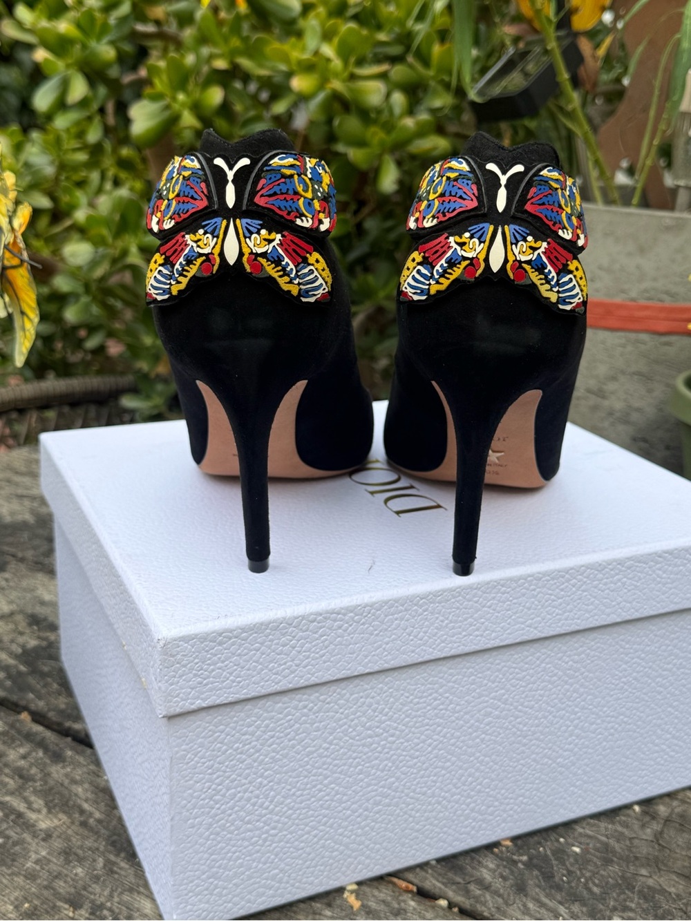 Dior Black Suede Stiletto Heels with Multicolor Embroidered Butterfly